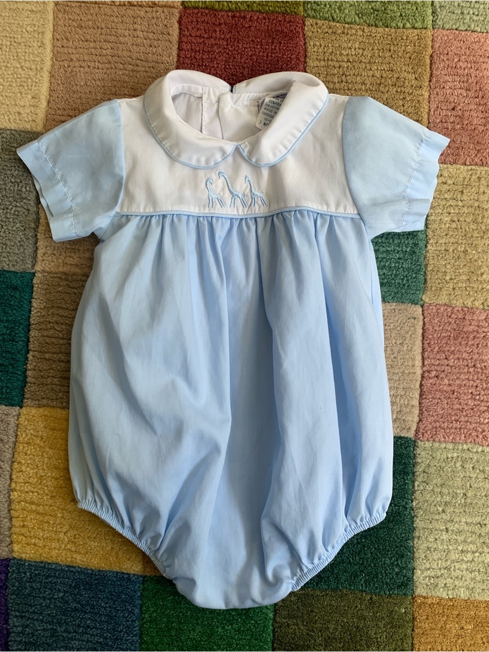3M Vintage Baby Romper Bubble with Peter Pan Collar Giraffe Animal Embroidery